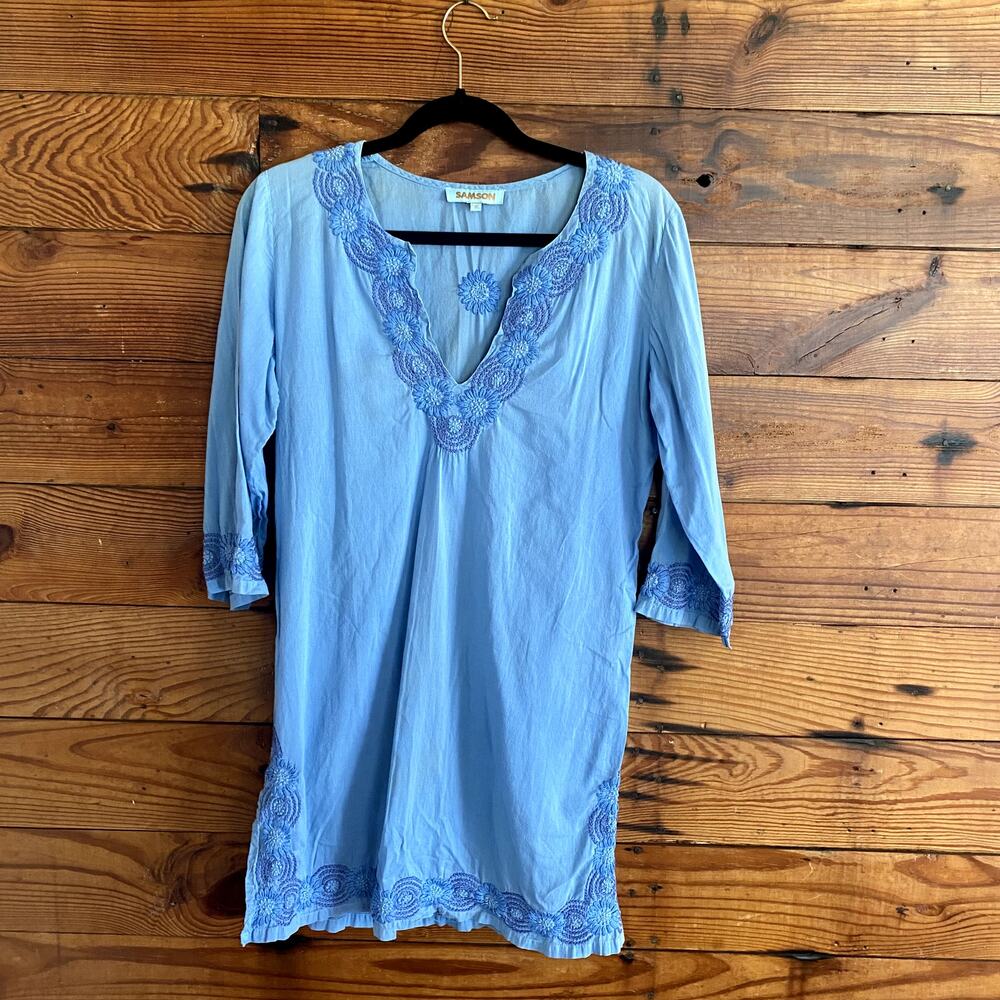 Samson Blue Embroidered Cotton Tunic Dress size Medium